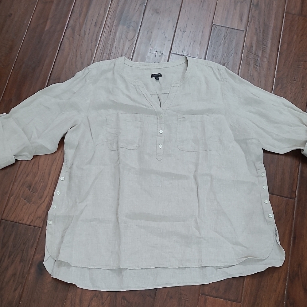 Talbots Khaki 100% Linen Blouse with Button Detail down the sides size 3X